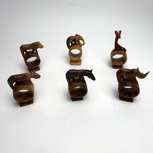 Animal Napkin Rings Unique Safari Design Zebra Elephant Hand Carved Wooden Set o
